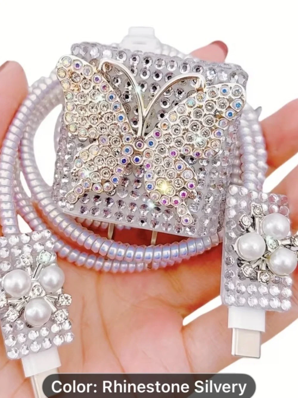 5PCS Rhinestone Silver Luxury Butterfly Bling Charger Set